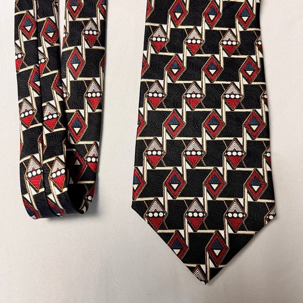 Louis Feraud Mens Geometric Diamond Silk Tie Black Red Gold Made in‎ USA T307